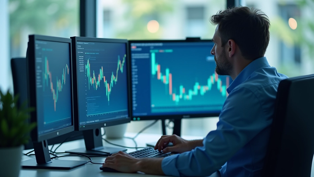 Analyste travaillant avec données financières sur écrans multiples dans environnement professionnel