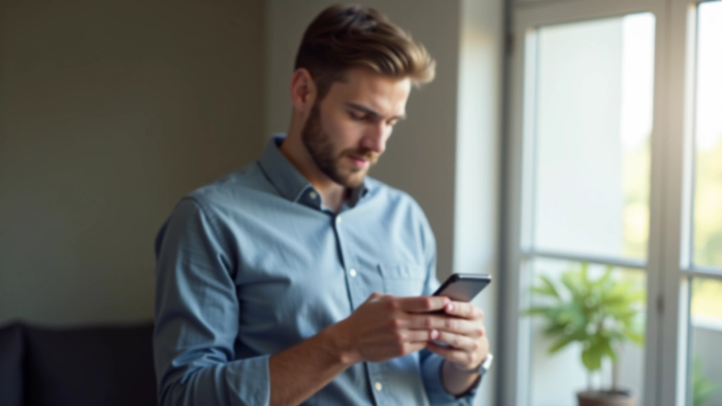 Homme consultant son téléphone mobile avec graphiques financiers affichés, intérieur moderne, éclairage naturel, mise au point nette