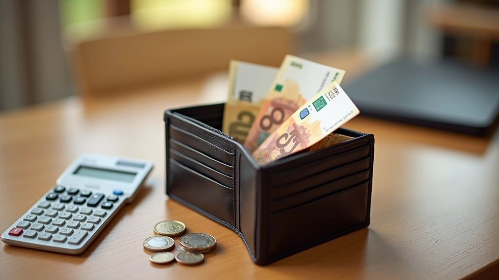 Portefeuille ouvert avec billets d'euros et pièces de monnaie, bureau en bois avec calculatrice, économies personnelles
