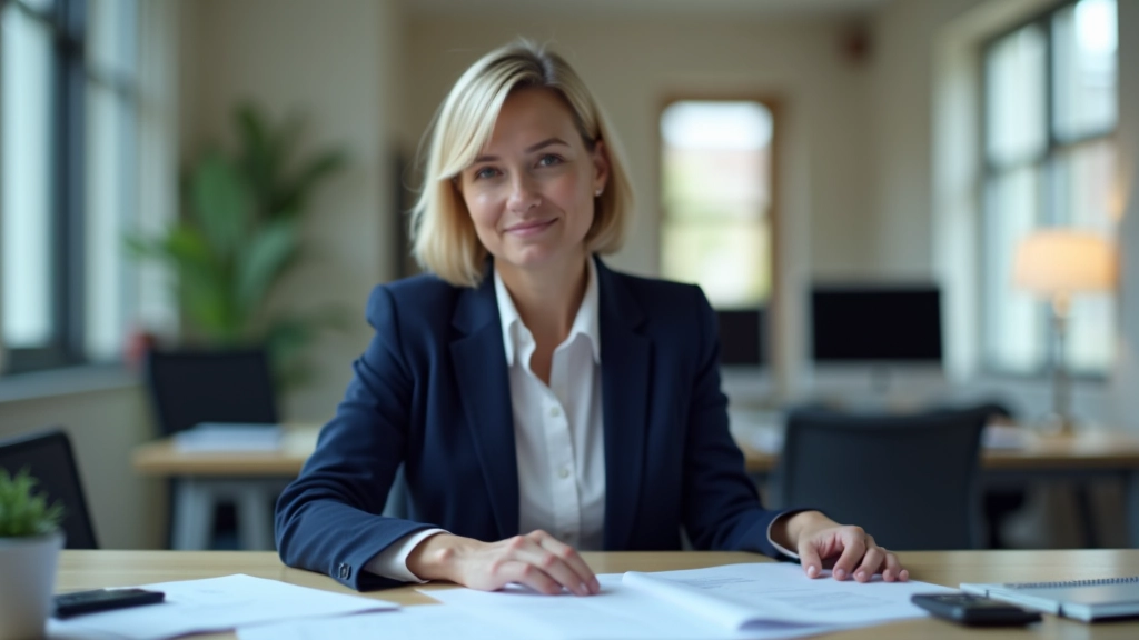 Femme en blazer assise à son bureau, analysant des documents financiers et prenant des notes, lumière naturelle, mise au point nette