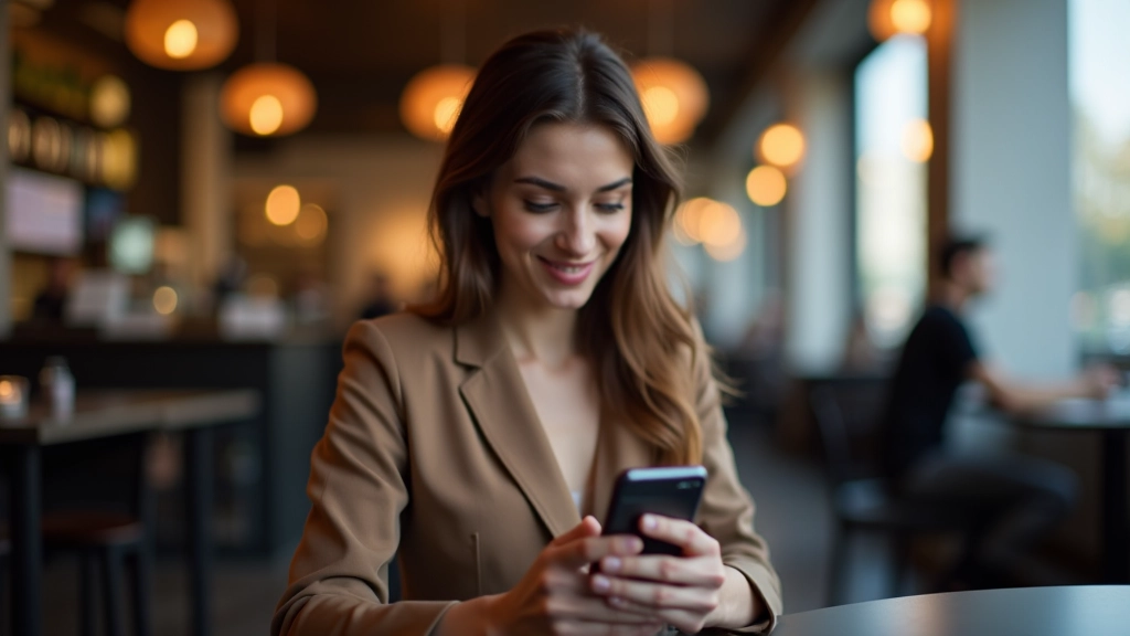 Photo d'une femme consultant son téléphone avec un tableau de bord financier en arrière-plan, assis dans un café moderne